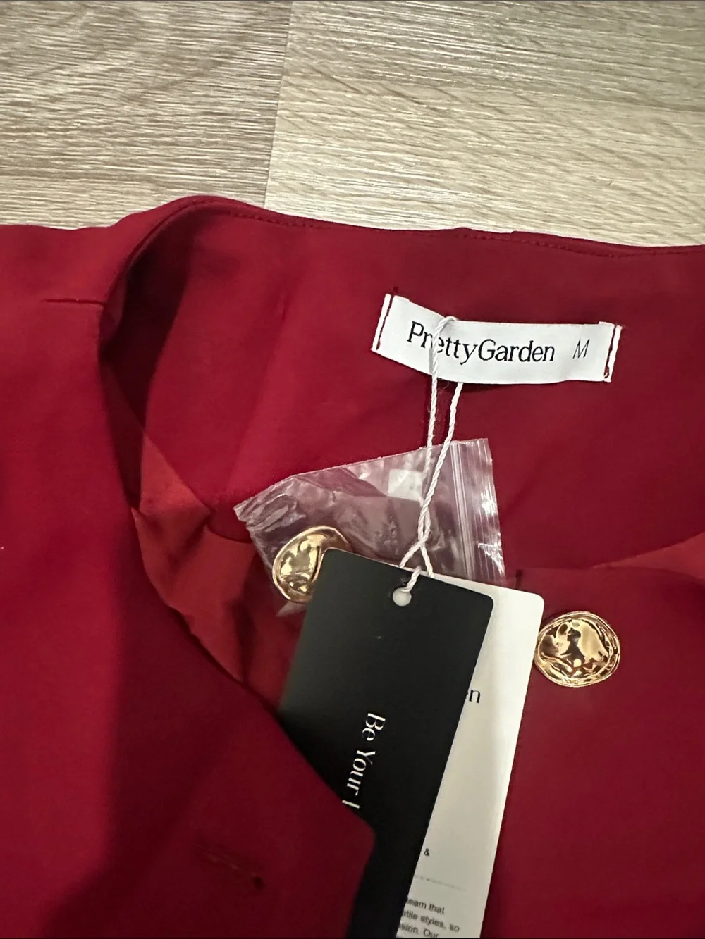 Elegant Collarless Red Blazer with Gold Buttons